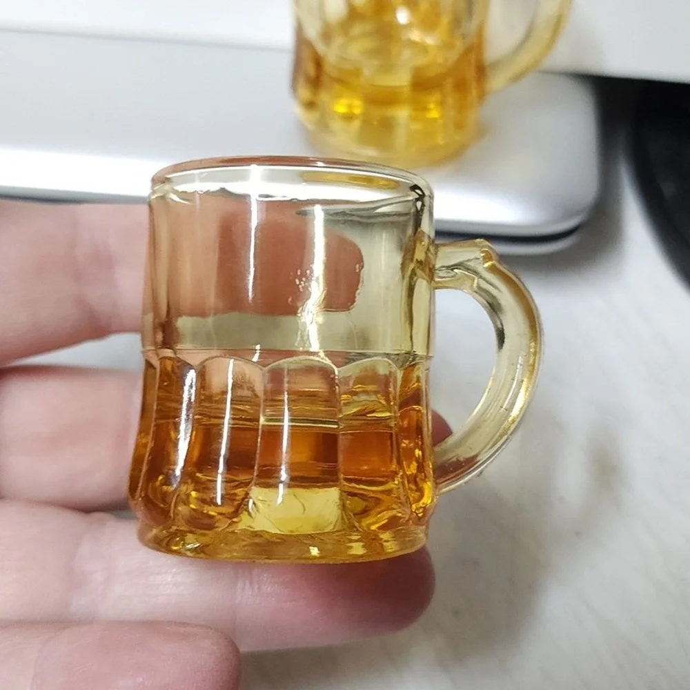 Set of 2 Vintage Federal Glass Yellow Amber‎ Mini Beer Mug Shot Glasses
